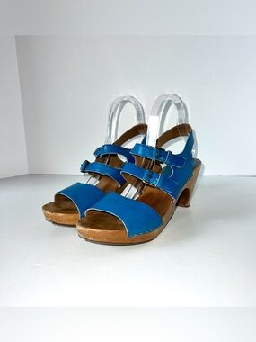 Lucky Penny Blue Leather Wooden Clog Sandals Buckle Straps Platform Heel Sz 9B